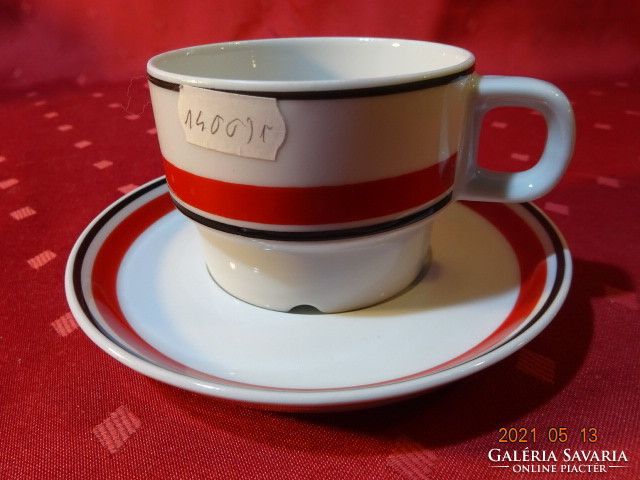 Portuguese porcelain, red striped ikea teacup + placemat. He has!