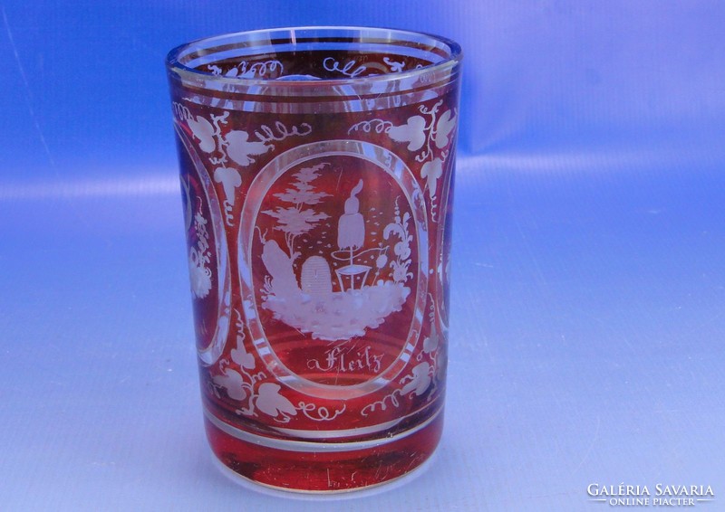 0A049 Antik bíborpácolt német biedermeier pohár