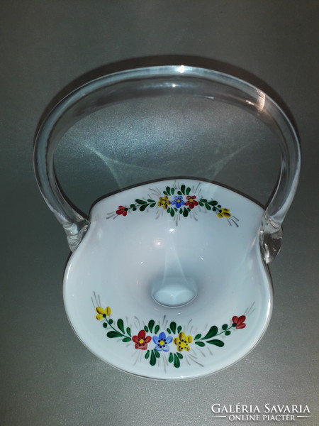 Bohemia or poschinger hand painted glass basket vase rarity