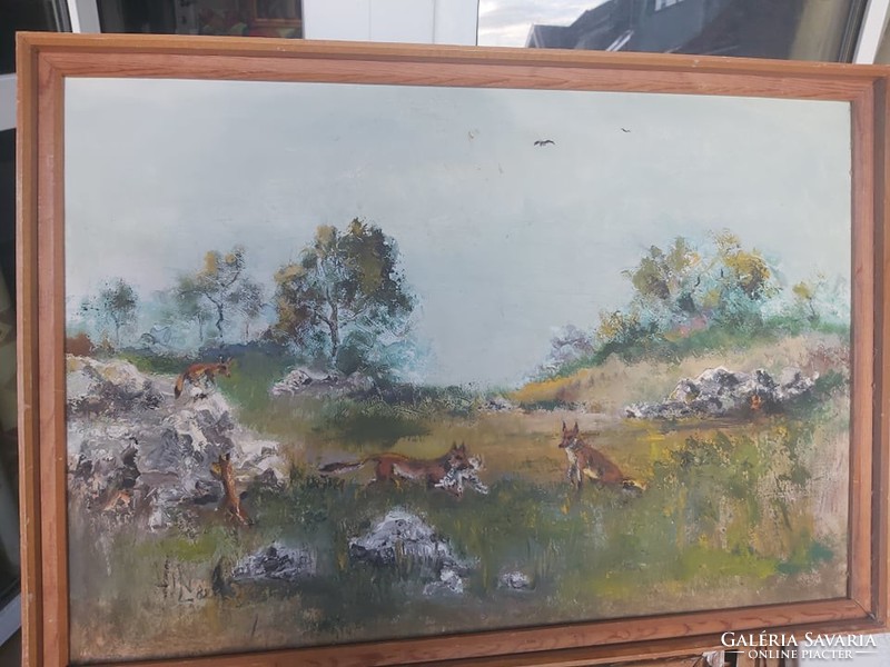 Vadászó rókák (olajfestmény, vászon, keretben 55x80) állatvilág, természeti, sziklás táj