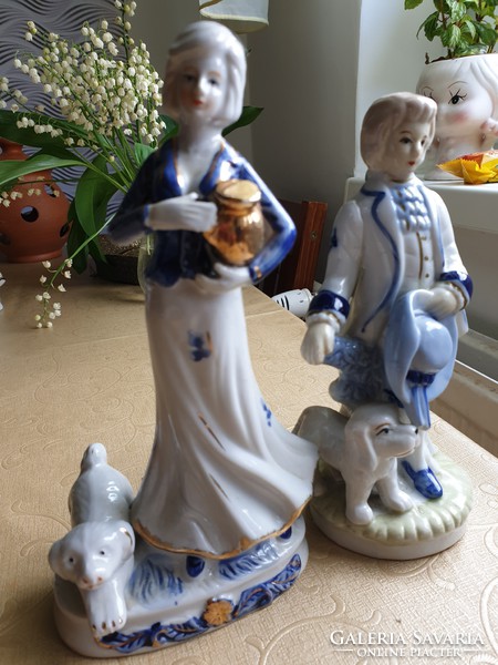 Antique porcelain figurine pair, faithful pair with dogs for sale!