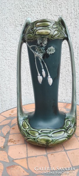 Art Nouveau majolica ceramic embossed flower vase with roses, flowers, leaves .. Eichwald, schütz