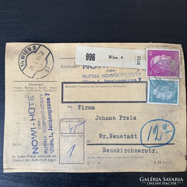 2. világháború csomag cédula Hitler fejes bélyeggel 1944 körül Paketzettel Deutsches Reich