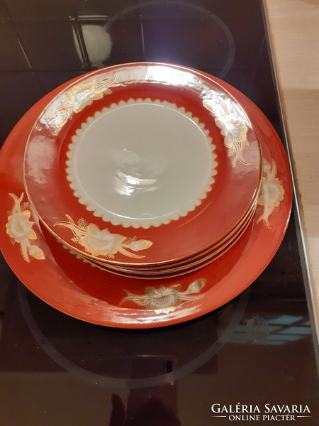 Cookie set 6 plates + bowl brown border gold decoration Chinese porcelain