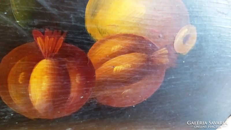Still life painting painted on an antique wooden plate, 46 cm long