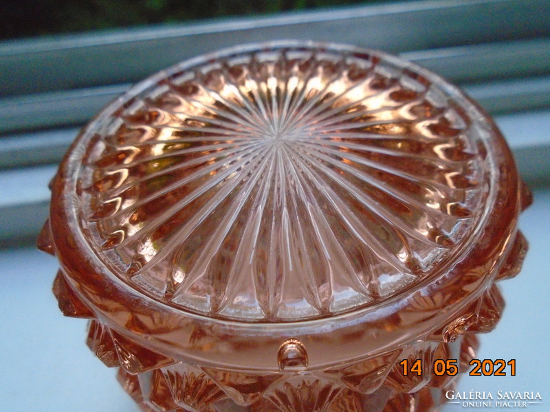 Antique diamond polished salmon pink crystal glass toilet box, holder