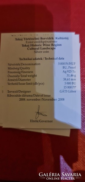 Certificate Tokaj Wine Region 2008 bu matt 5000 ft 31.46 grams for 0.925 silver coins
