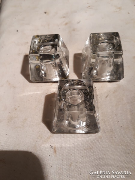3 small carved crystal glass candle holders with silver rim