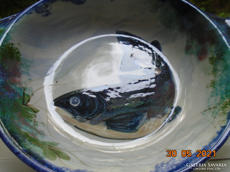 Novel hand painted sign, unique colorful fish patterned majolica bowl highland scotland 29x7 cm