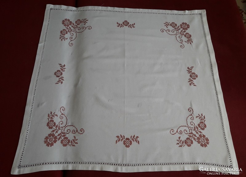 Folk linen tablecloth with cross-stitch embroidery