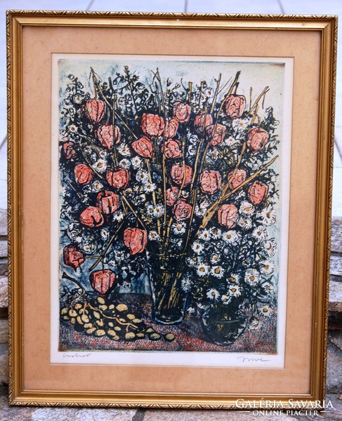 István Imre (1918-1983): bouquet - colored linocut, framed