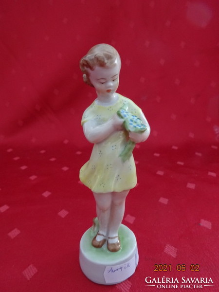 Zsolnay porcelain, antique figural statue, girl in yellow dress with flowers. He has!