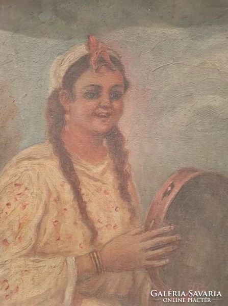 Leány csörgődobbal, régi olaj-vászon, kerettel 41x30 cm (antik nőportré, arckép)