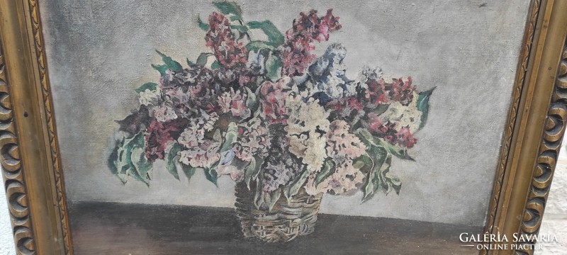 Asztali csendélet festmény viràgokkal olaj kép, Orgona csendélet