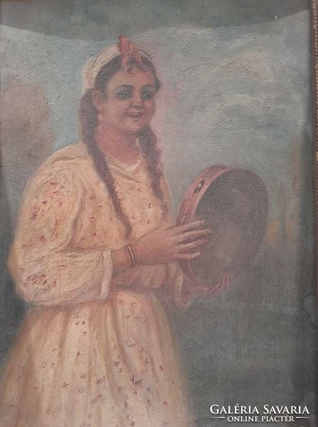 Leány csörgődobbal, régi olaj-vászon, kerettel 41x30 cm (antik nőportré, arckép)
