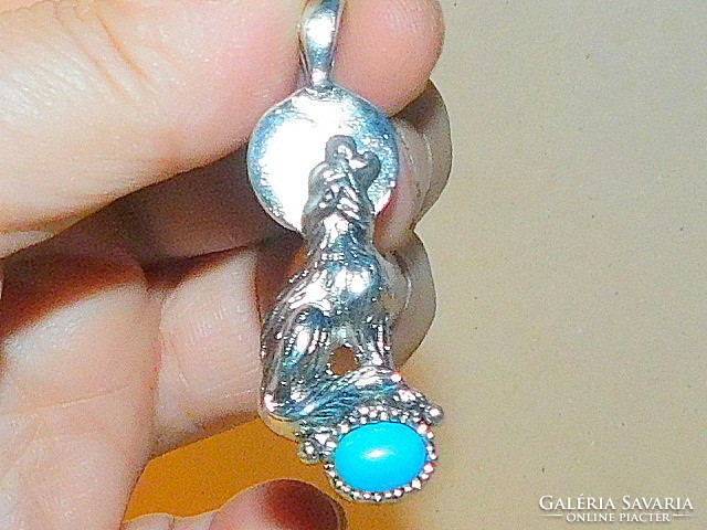 Tibetan silver pendant with dog barking on turquoise stony moon