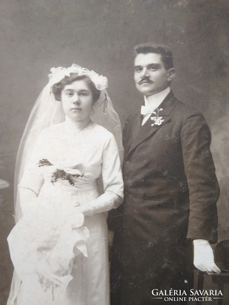 Antik, magyar kabinetfotó/keményhátú  fotó, esküvői fotó, Rek Matild Zsolna műterme, 1900 körüli
