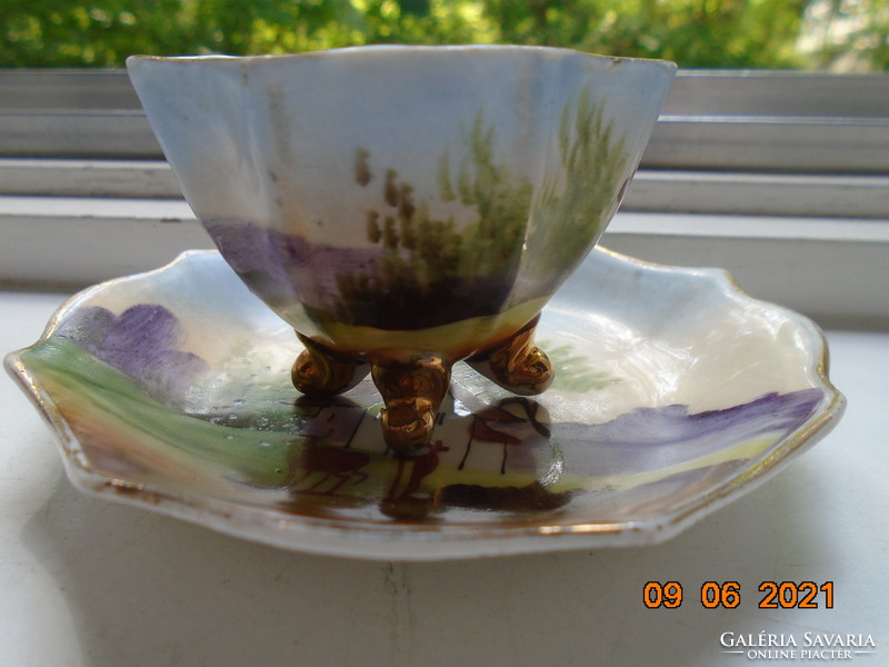 Panoramic landscape with hand painted 4-legged coffee cups with placemat