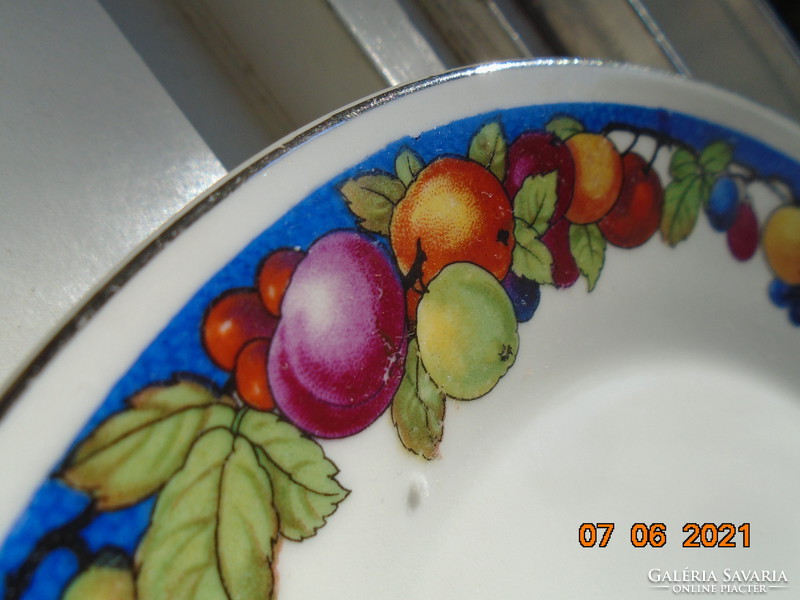 Zsolnay shield-stamped, platinum decorative strip, fruit-patterned tea cup with saucer