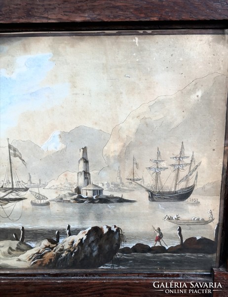 Fk/095 - antique, 230-year-old gouache! Unknown French painter - harbor scene