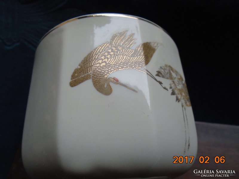 Kozan Gama arany jelzéssel,arany daru pár mintával 8 szögletes Yunomi japán teás csésze