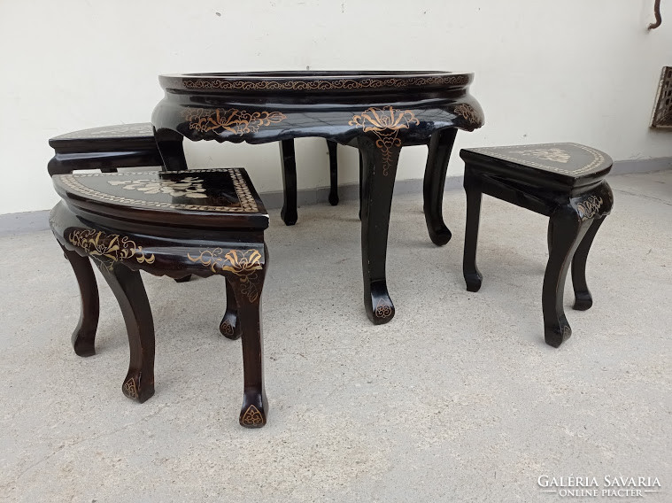 Antique Chinese Pearl Emboss Inlaid Painted Black Lacquer Furniture Round Glass Table 4 Chairs Asia 4311