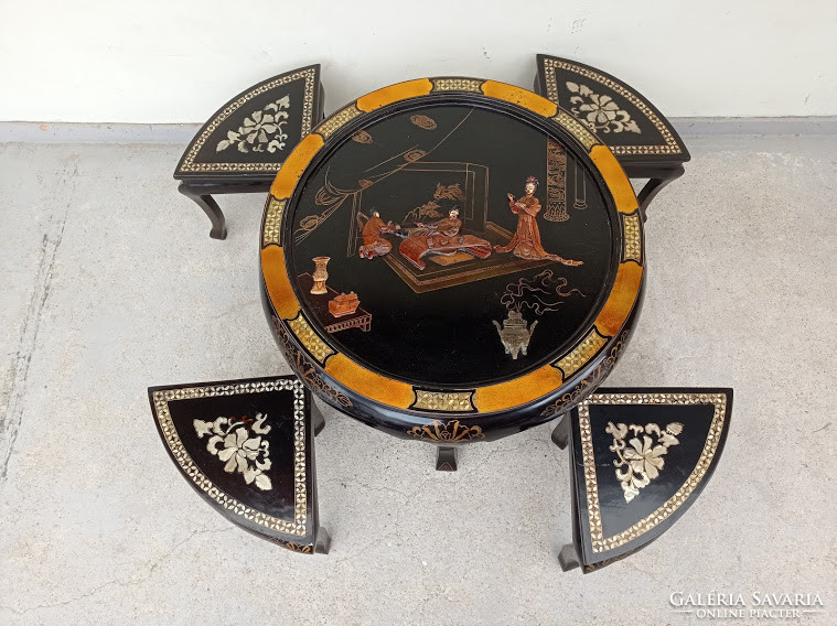 Antique Chinese Pearl Emboss Inlaid Painted Black Lacquer Furniture Round Glass Table 4 Chairs Asia 4311