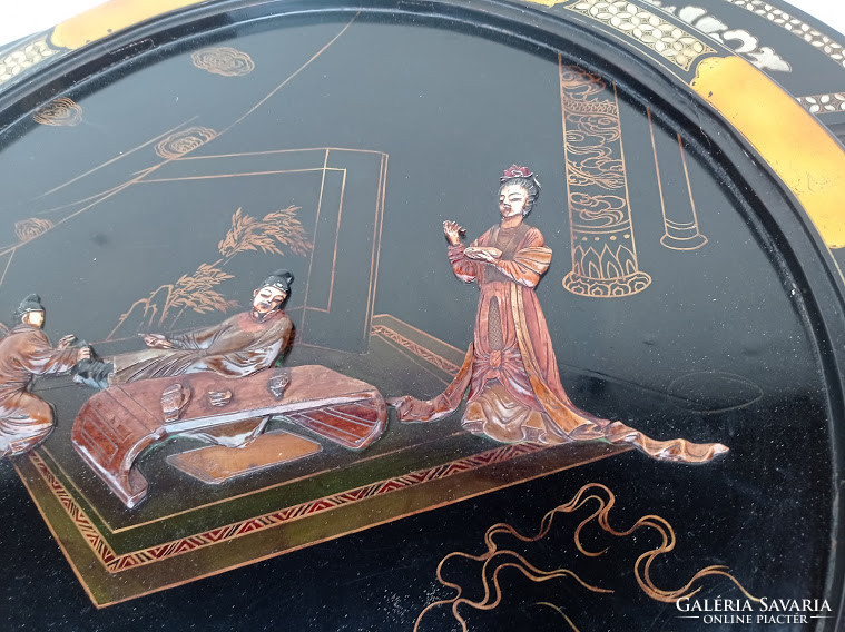 Antik kínai gyöngyház dombor berakásos festett fekete lakk bútor kör üveges asztal 4 szék Ázsia 4311