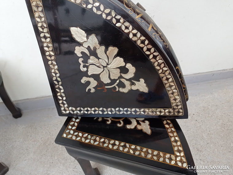 Antique Chinese Pearl Emboss Inlaid Painted Black Lacquer Furniture Round Glass Table 4 Chairs Asia 4311