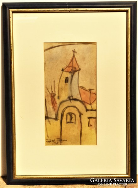 Frank Frigyes (1890 - 1976) Templom torony c. festménye EREDETI GARANCIÁVAL