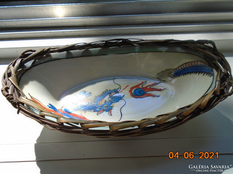 Imari hand-painted Japanese dragon with fireball, oval bamboo braided bowl
