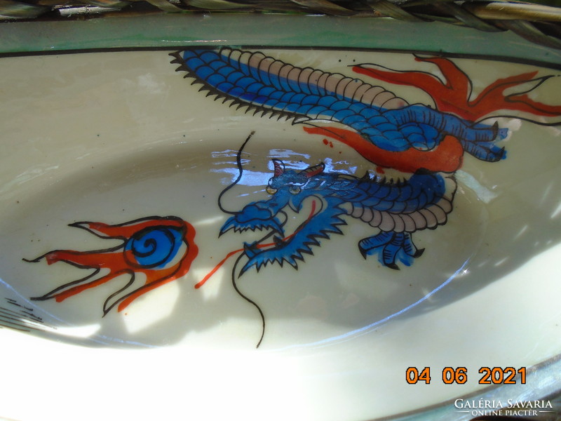 Imari hand-painted Japanese dragon with fireball, oval bamboo braided bowl