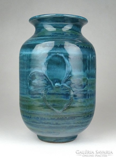 1E963 Kékeszöld mázas retro öblös kerámia váza 21 cm