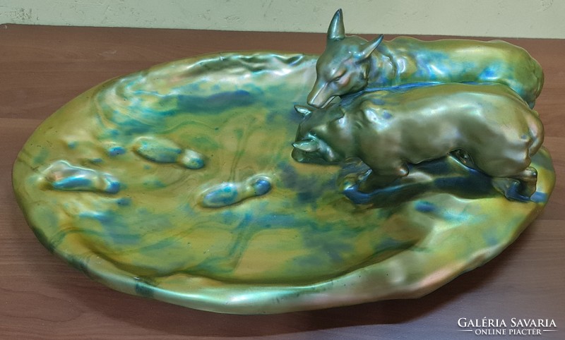 Zsolnay eozin antique 36cm giant wolf bowl