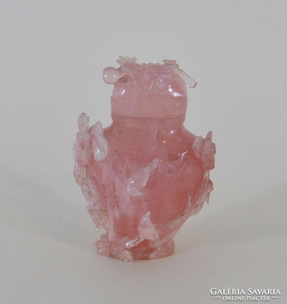 Kínai rózsakvarc palack, finom kézi faragással