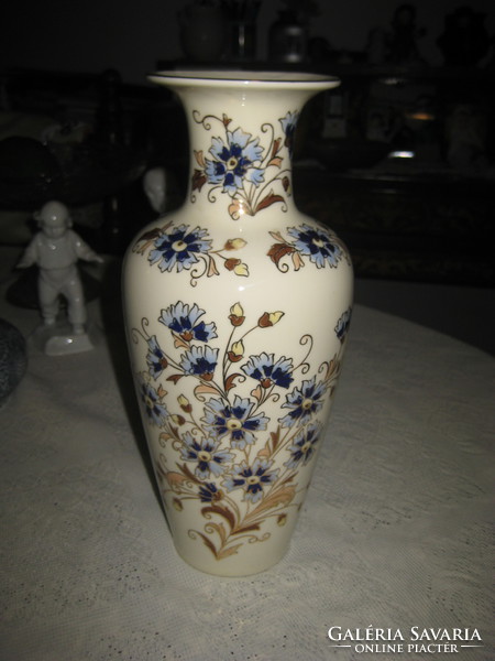 Zsolnay hand-painted vase with cornflower decor, nearly 30 cm