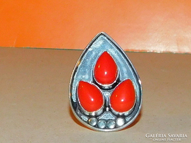 Korall Piros Csepp Tibeti Ezüst Gyűrű 9-es