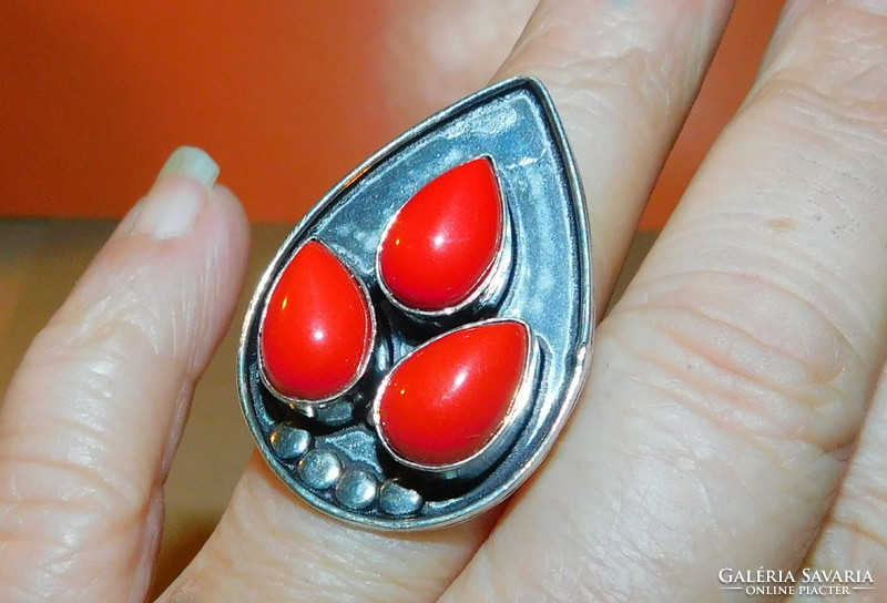 Coral red drop Tibetan silver ring number 9