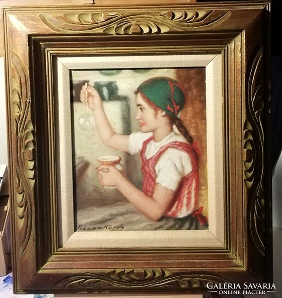 Rose Charles - bubble maker girl - fabulous oil painting in fabulous frame