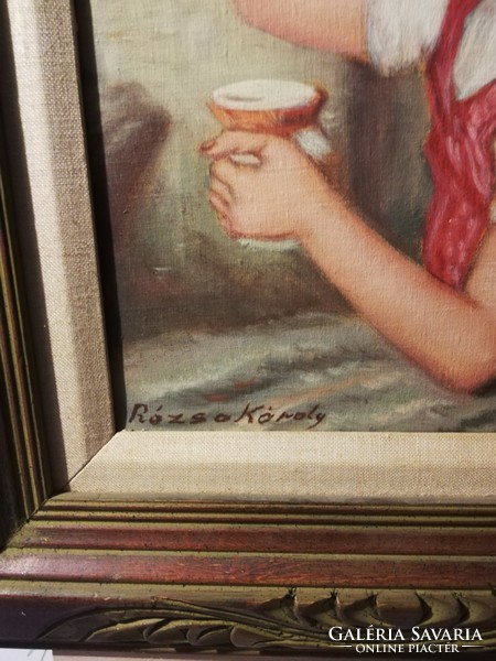 Rózsa Károly - Buborék készítő lányka - mesés olajfestmény, mesés keretben