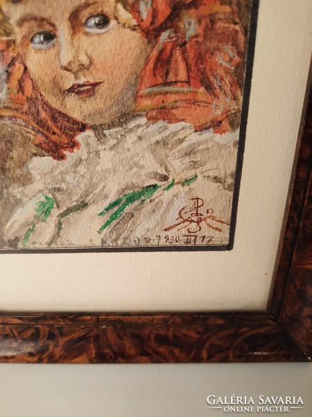 Portrait of a little girl, 1930, watercolor, graphics, painting, framed