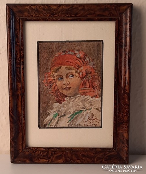Kislány portré, 1930, akvarell, grafika, festmény, keretben