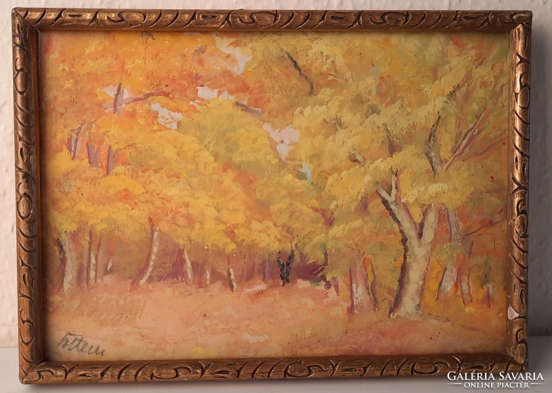 Autumn forest artwork, painting frame behind glass