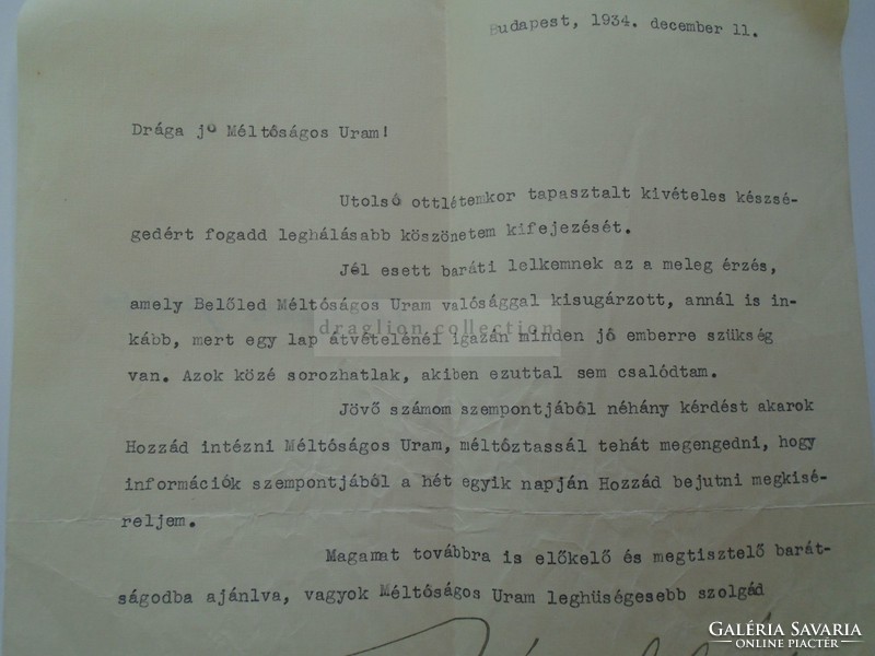 G2021.101  Levél  a Magyar Iparos újonnan kinevezett  főszerkesztőjének autofráf aláírásával 1934