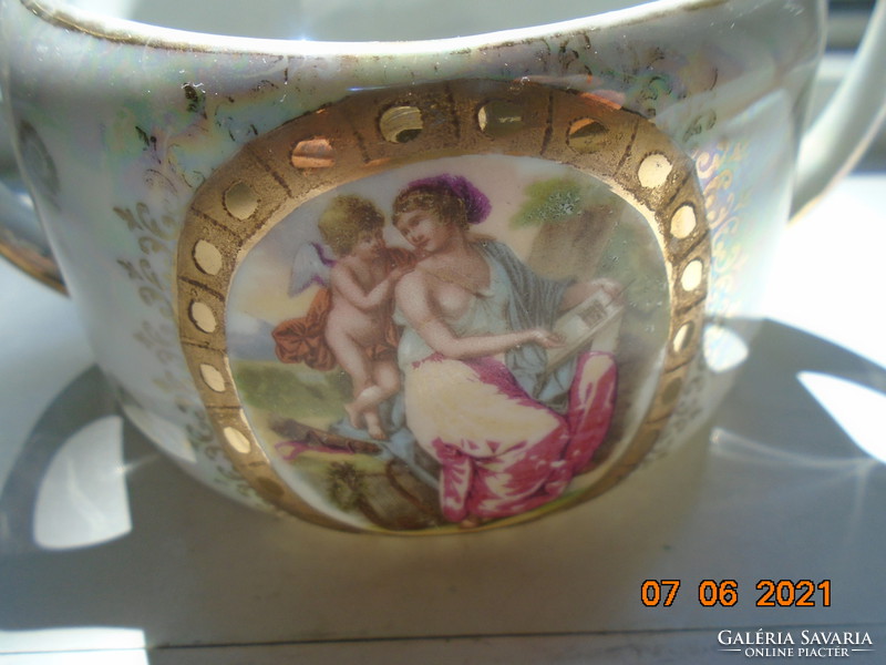 Kézzel festett"Múzsa angyalkával" vastag arany mintával keretezve ,eozin mázas cukortartó