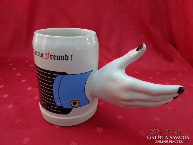 Gerzit German porcelain beer mug with female hand-shaped handle, height 13.5 cm. He has!