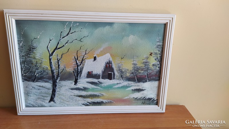 (K) winter landscape painting with signed 48x32 cm frame, printed on canvas