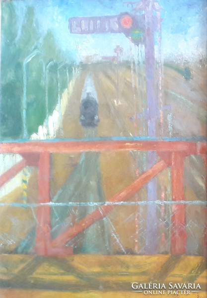 Dely T. : Vonat (olajfestmény kartonon, üveg alatt kerettel 75x54) szocreál festmény