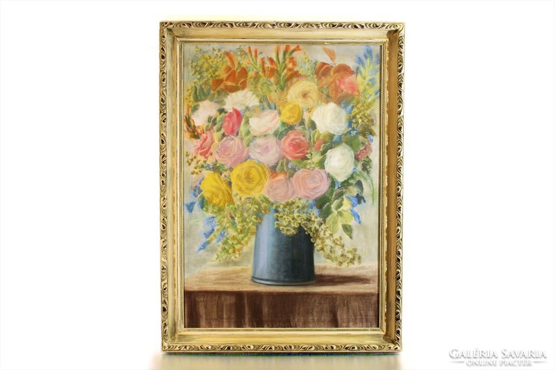 A Nagy Virágcsendélet 113x83cm Vegyes Technika Pasztell Olaj Vászon Vintage Provence Stílusú Keret
