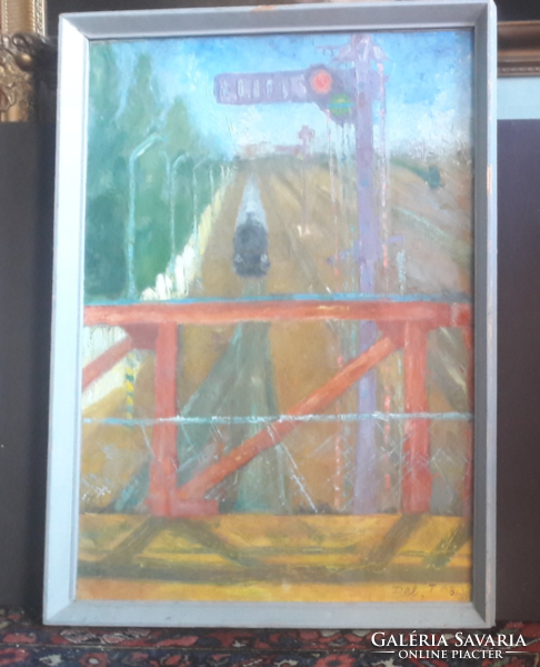 Dely t. : Train (oil painting on cardboard, under glass with frame 75x54) social realist painting